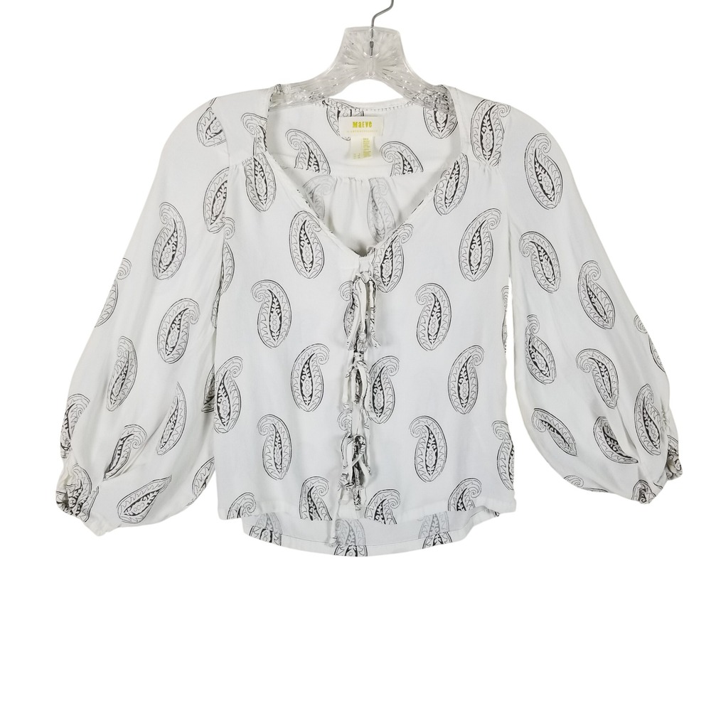 Maeve Blouse Women 00 White Black Paisley Lace Up Balloon Sleeve Peasant Top